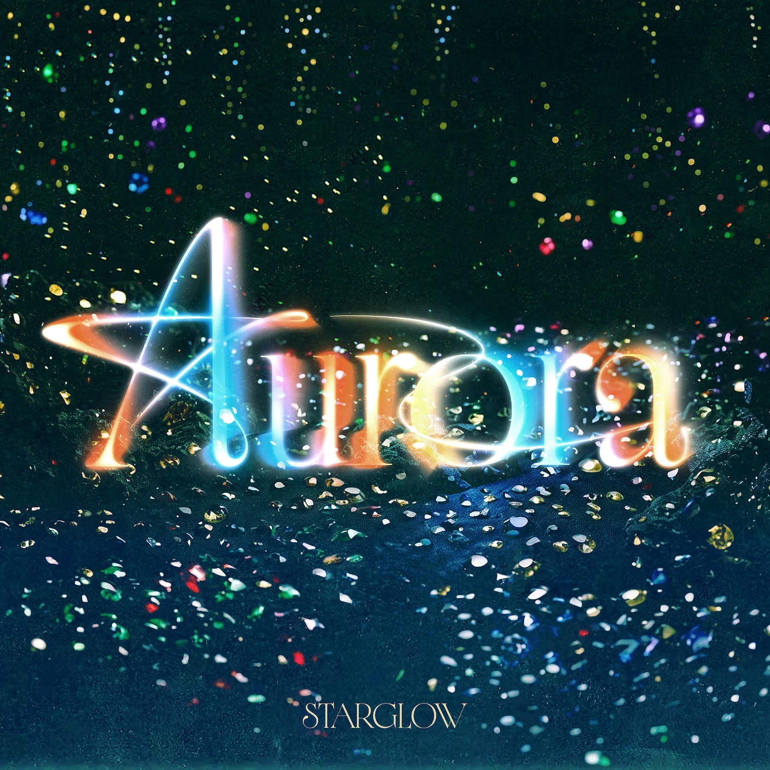 Album cover for <a href="https://onlyhit.us/music/artist/STARGLOW" target="_blank">STARGLOW</a> Aurora with glowing multicolored text against a starry backdrop