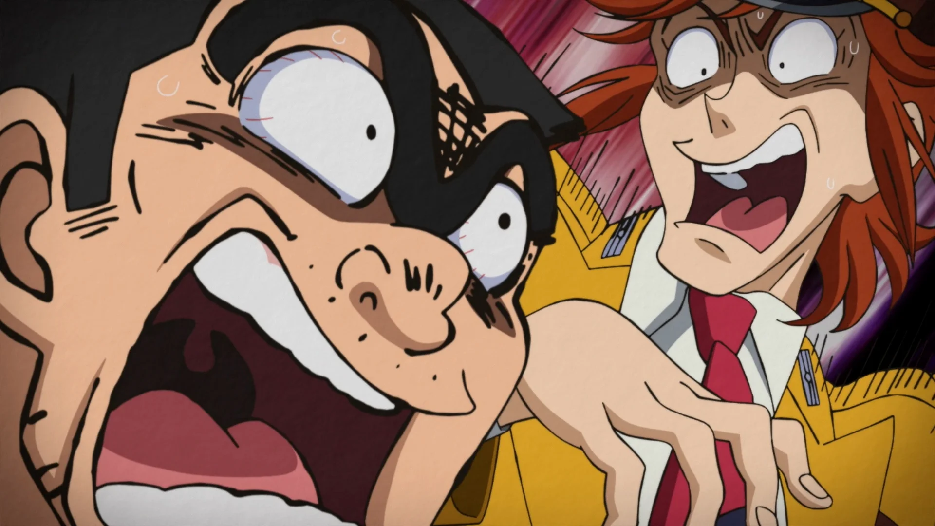De karaktè anime ak ekspresyon eksajere nan pòz dinamik