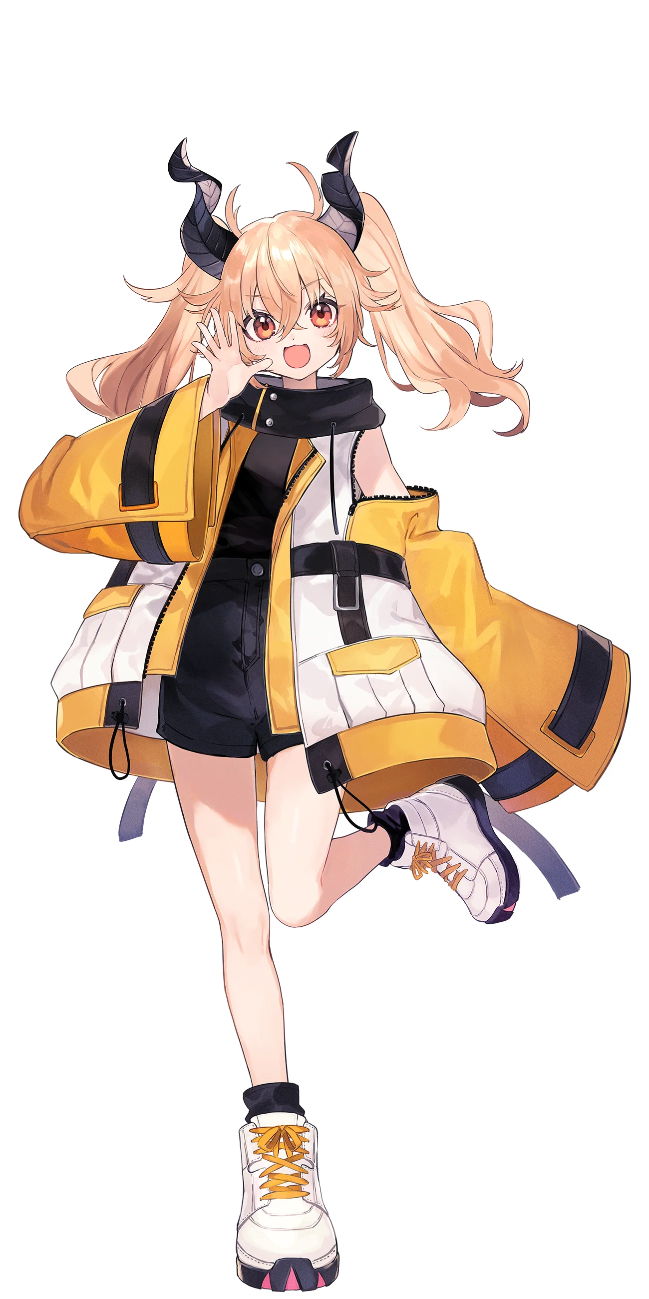 Personaje de estilo anime Kagase Uno con cabello rubio y cuernos negros, vistiendo un traje amarillo y negro.