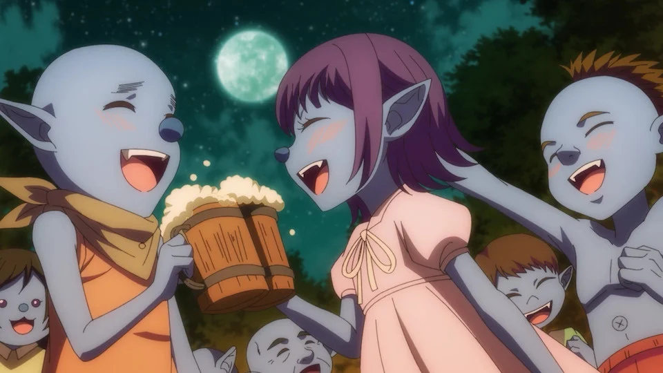 Anime goblin-karakterer, der fejrer med drikkevarer under en månelys himmel