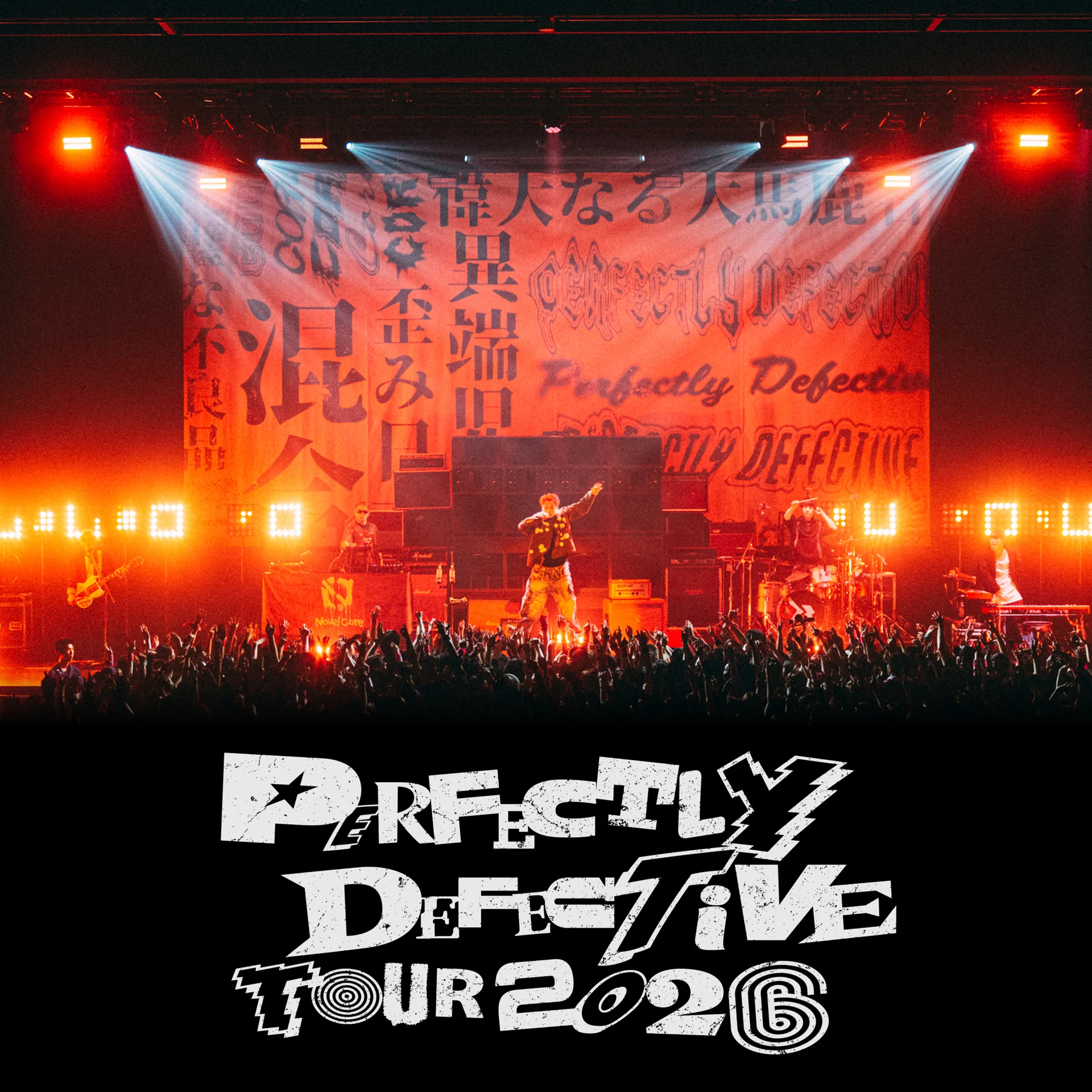 Novel Core and his band performing on stage during the Perfectly Defective Tour