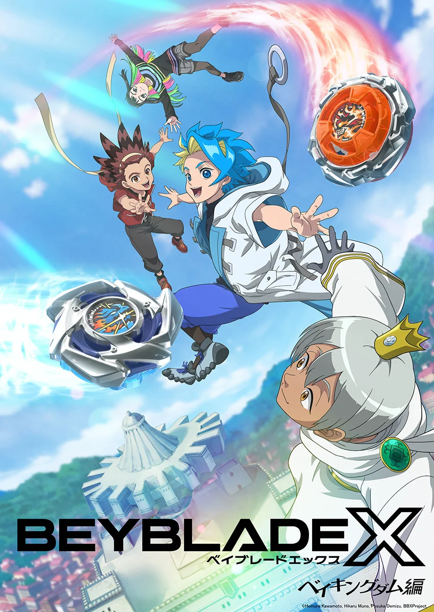 صورة ترويجية لأنمي Beyblade X تُظهر شخصيات أنمي مع ألعاب دوارة
