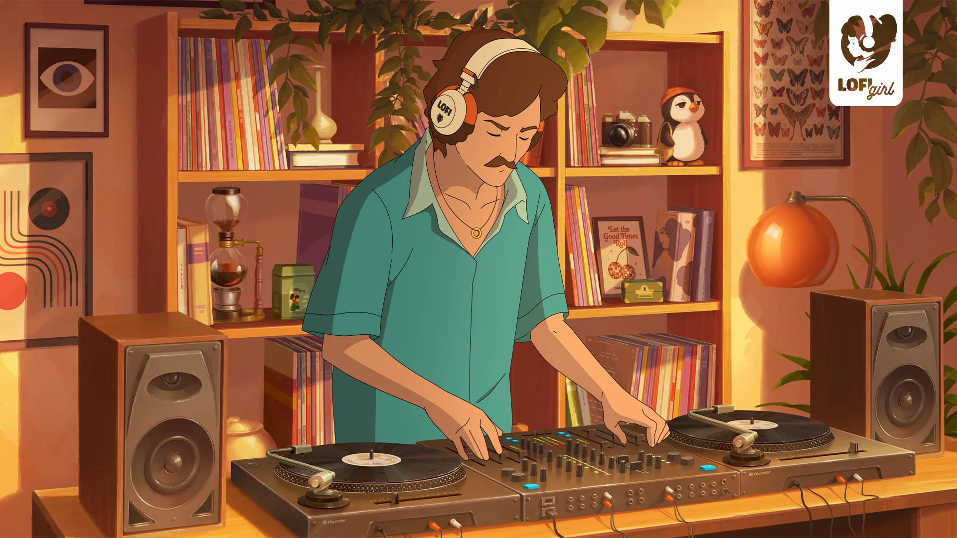Illustration of Julien Maison, the Lofi Teacher, DJing on turntables in a cozy room.