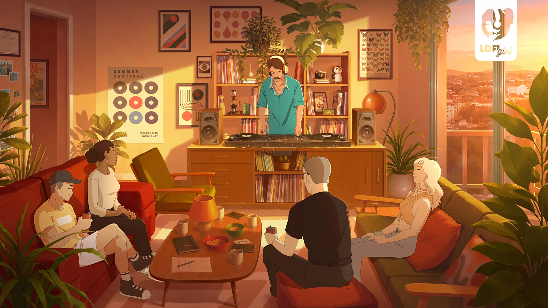 Animated scene of people relaxing in a living room with a DJ playing music.