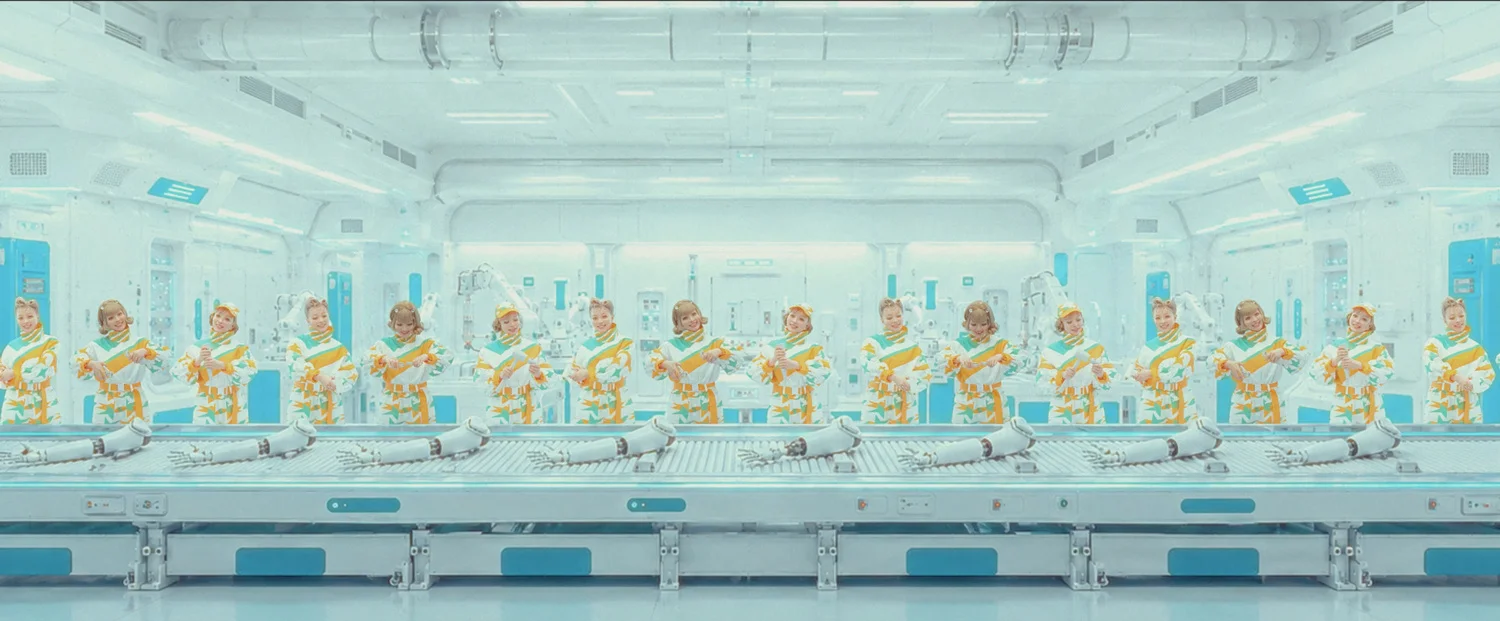 Figures in orange and white outfits in a futuristic lab