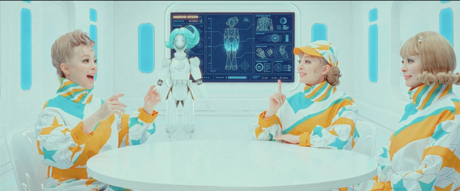 Three women at a round table with a robot in a futuristic setting