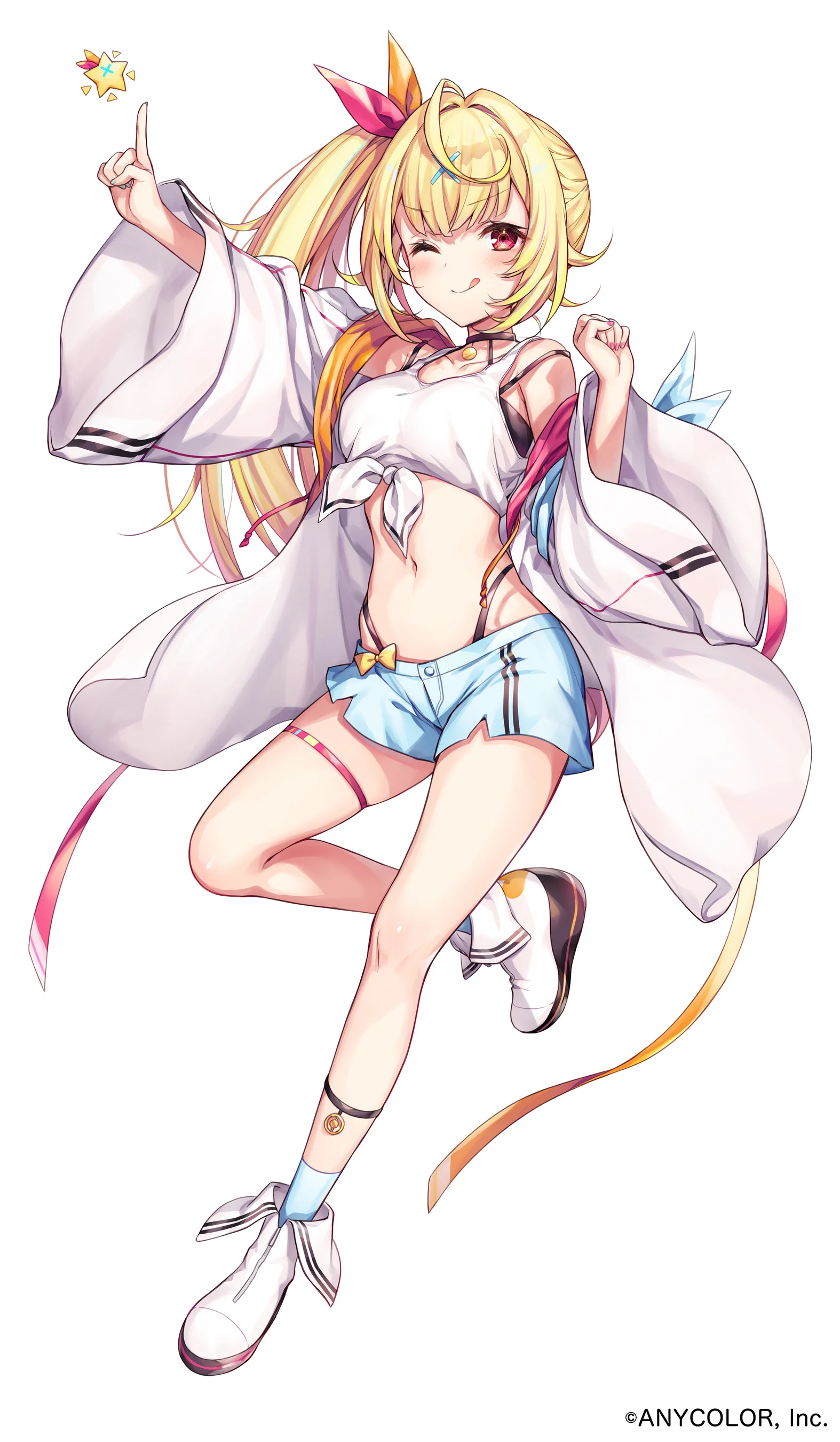 Anime character with yellow hair in a playful pose