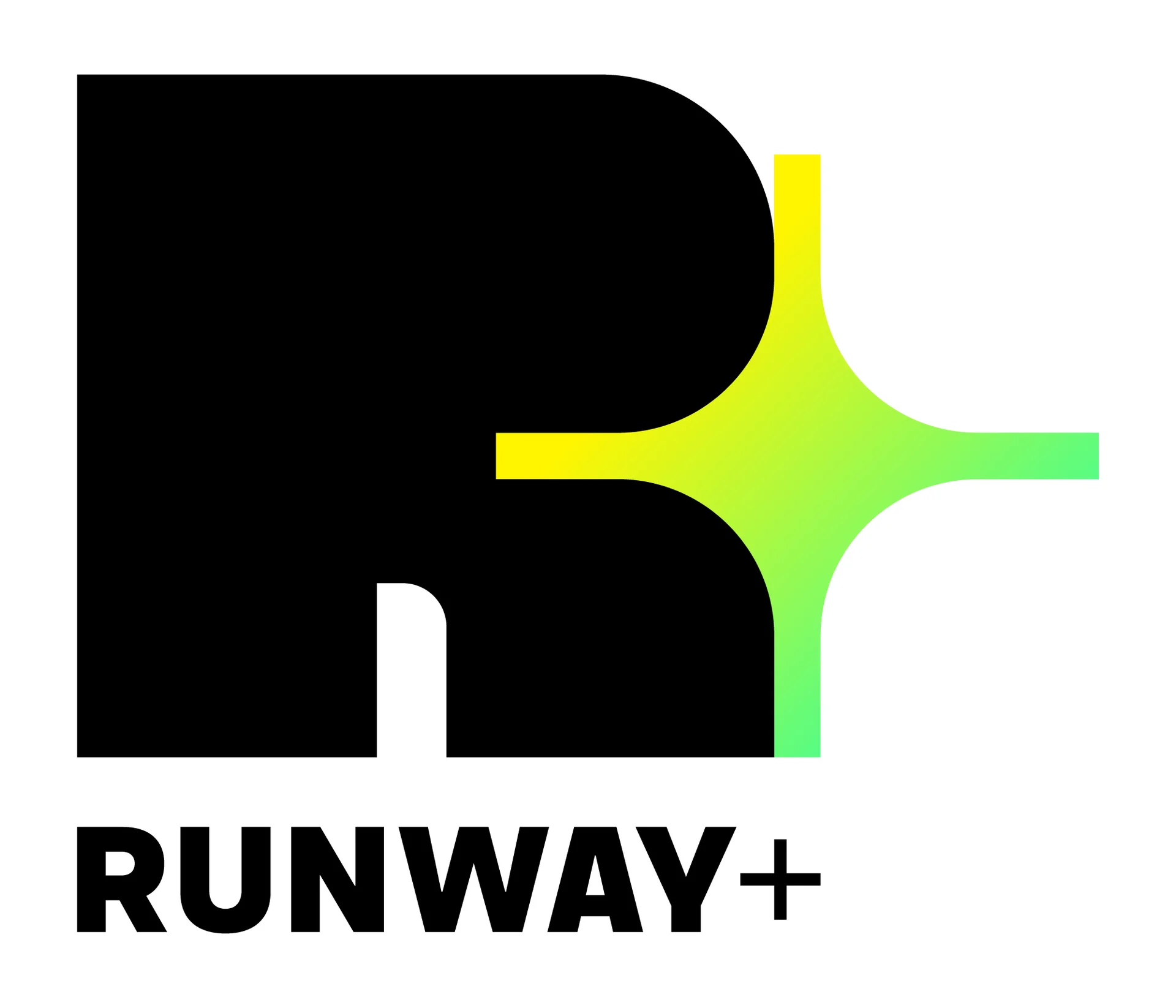 لوگوی RUNWAY+ با طراحی حرف R و گرادیان ستاره‌ای