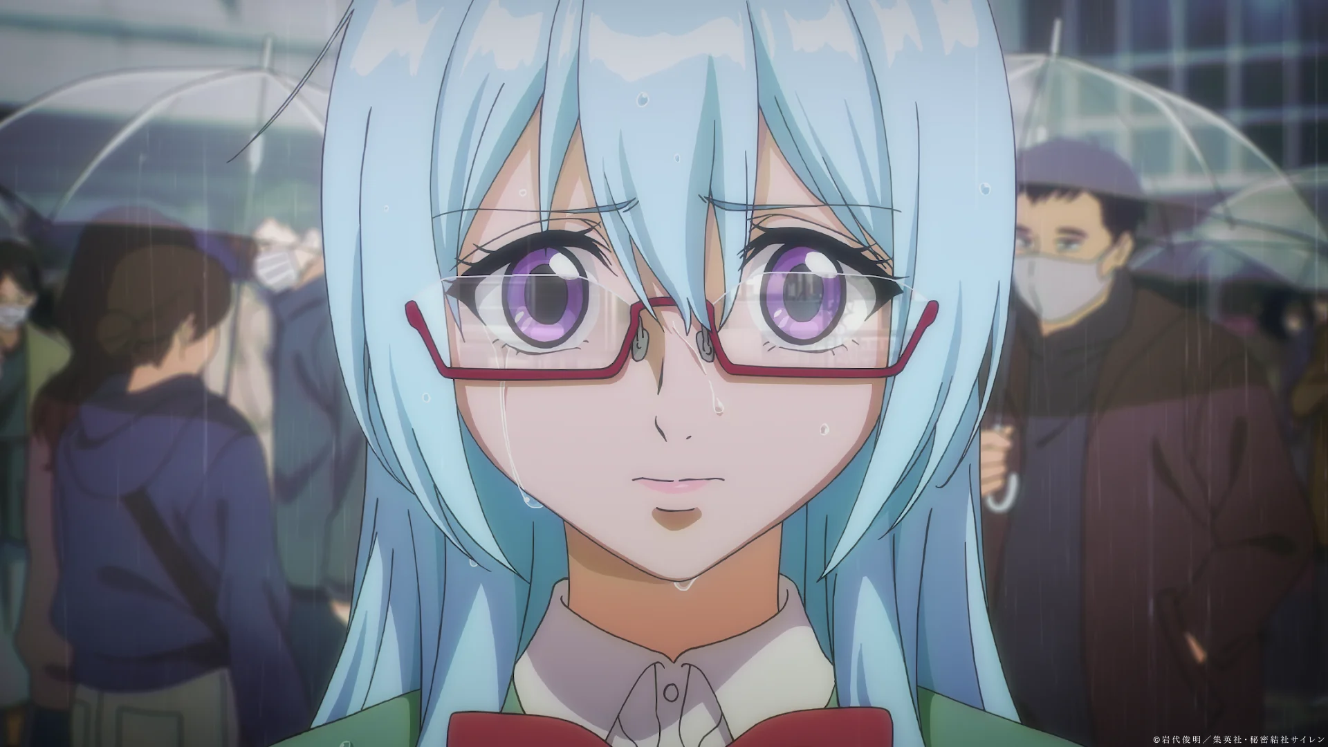 Anime character with blue hair stands in a rainy crowd