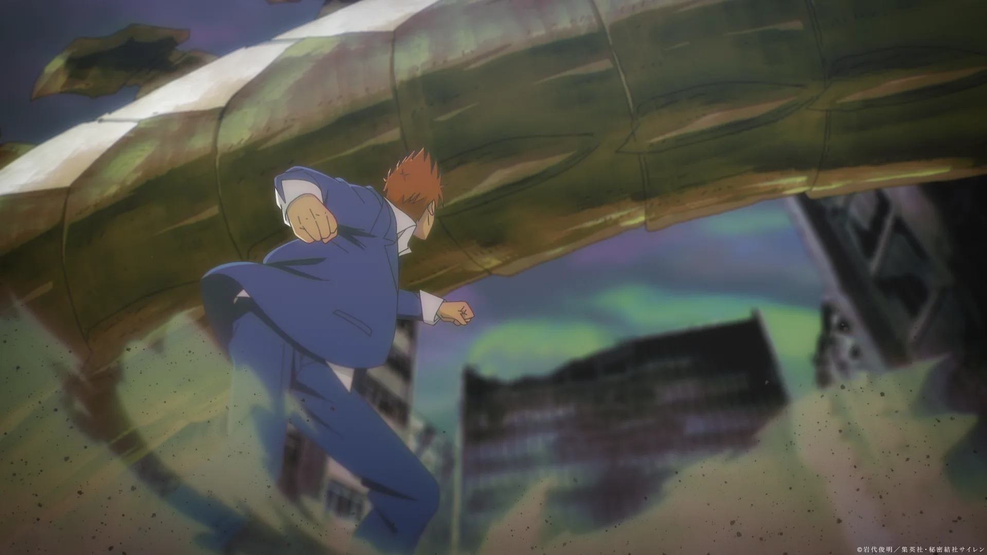 Character runs from a giant serpent in a ruined city