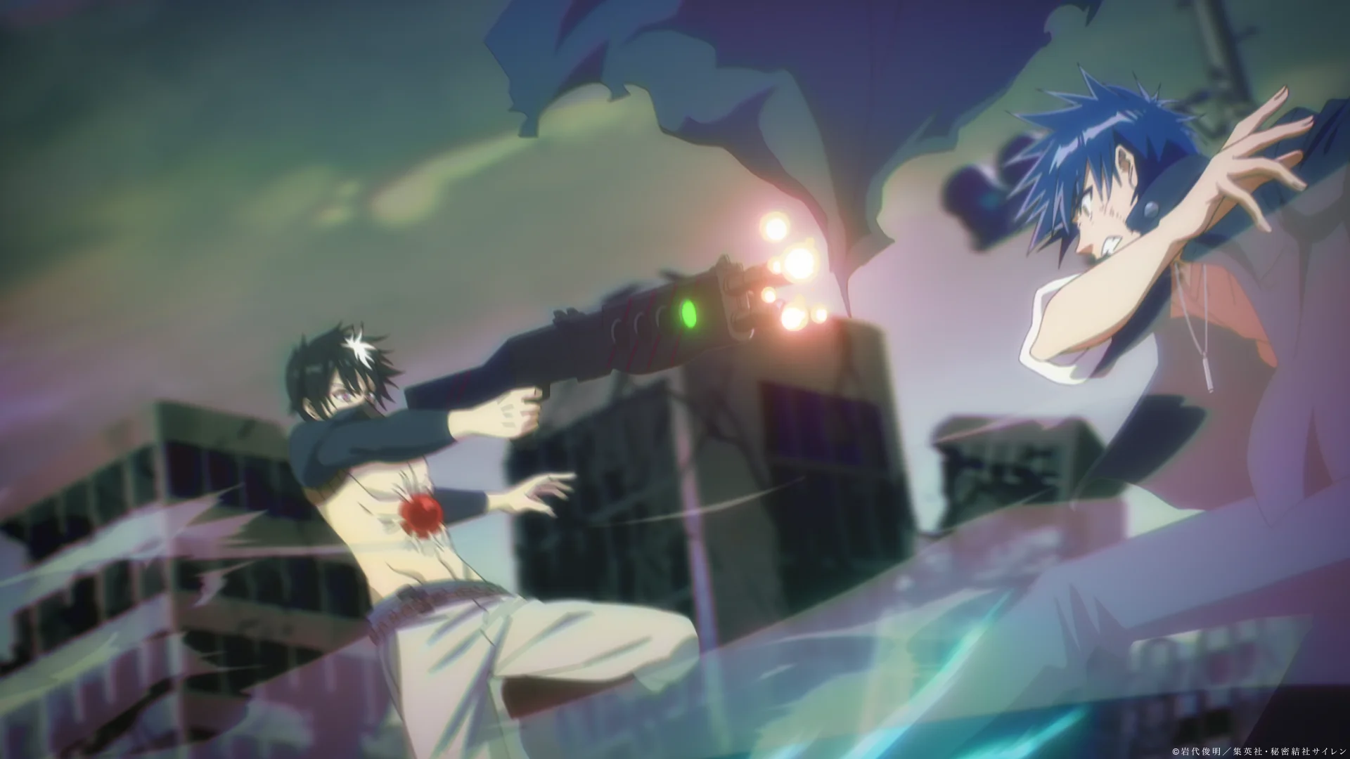 Two characters in an action pose with glowing effects