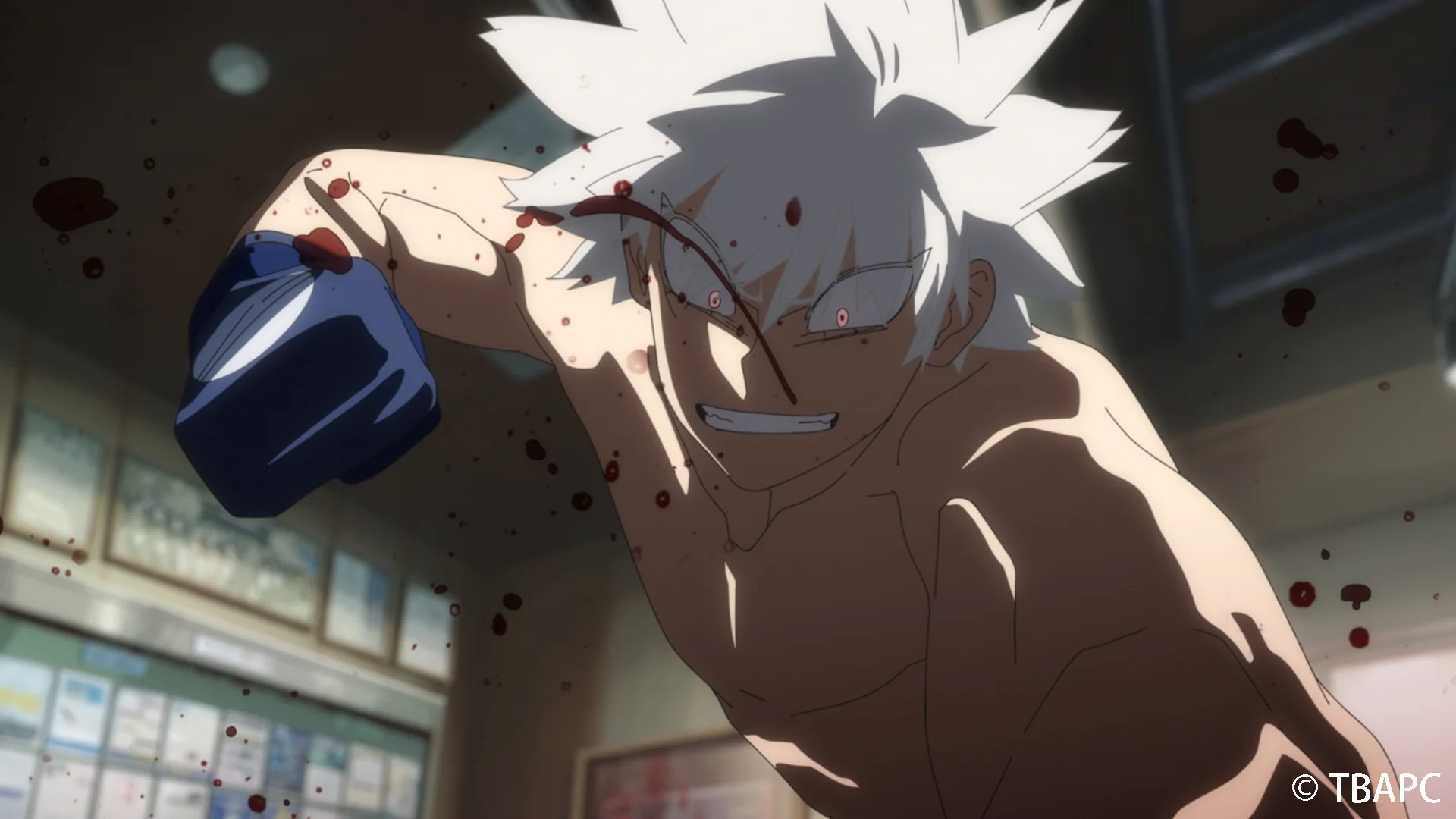 Fehér hajú animációs karakter ütést elindítva