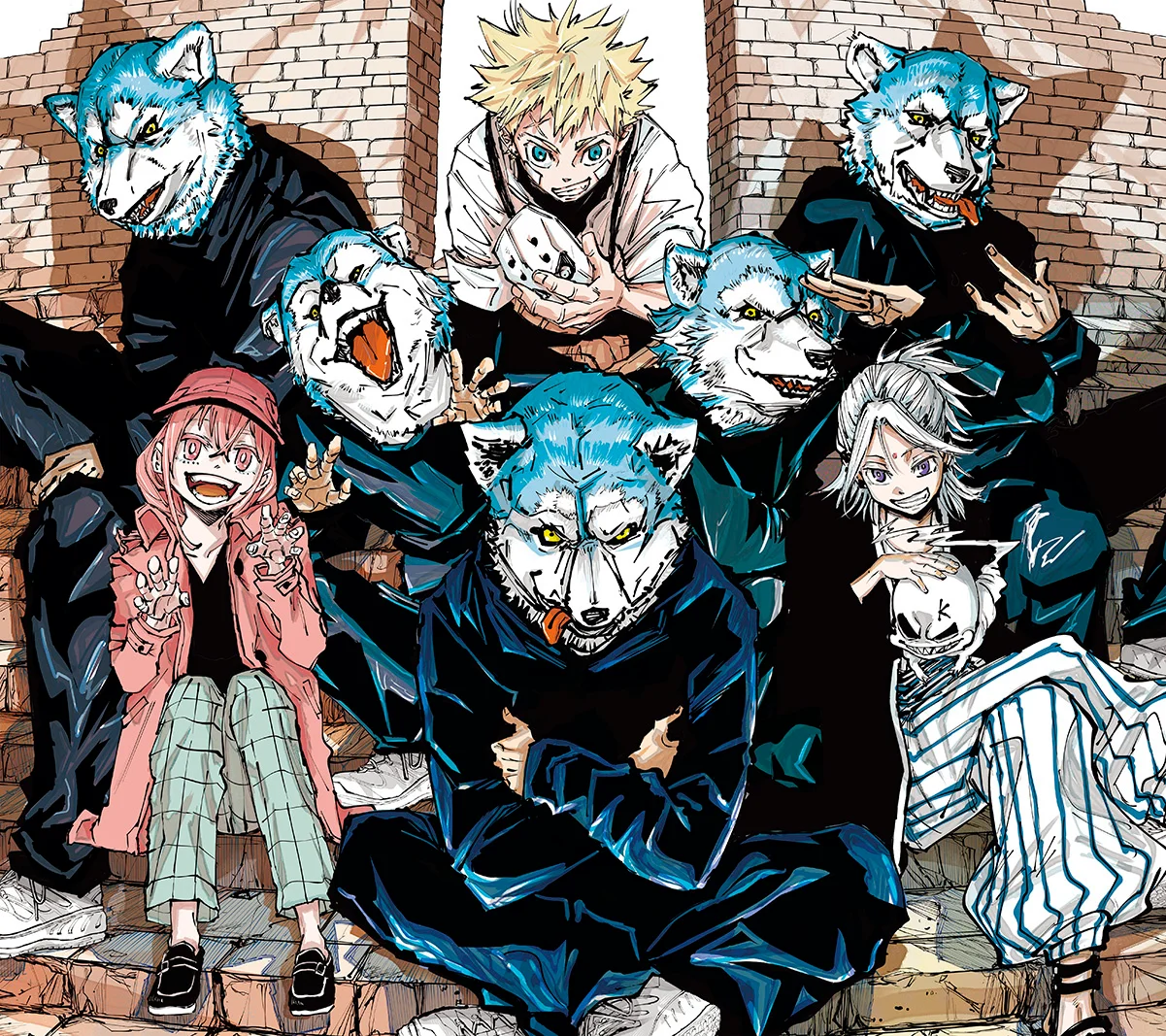 Group with wolf-head masks sitting against a brick wall