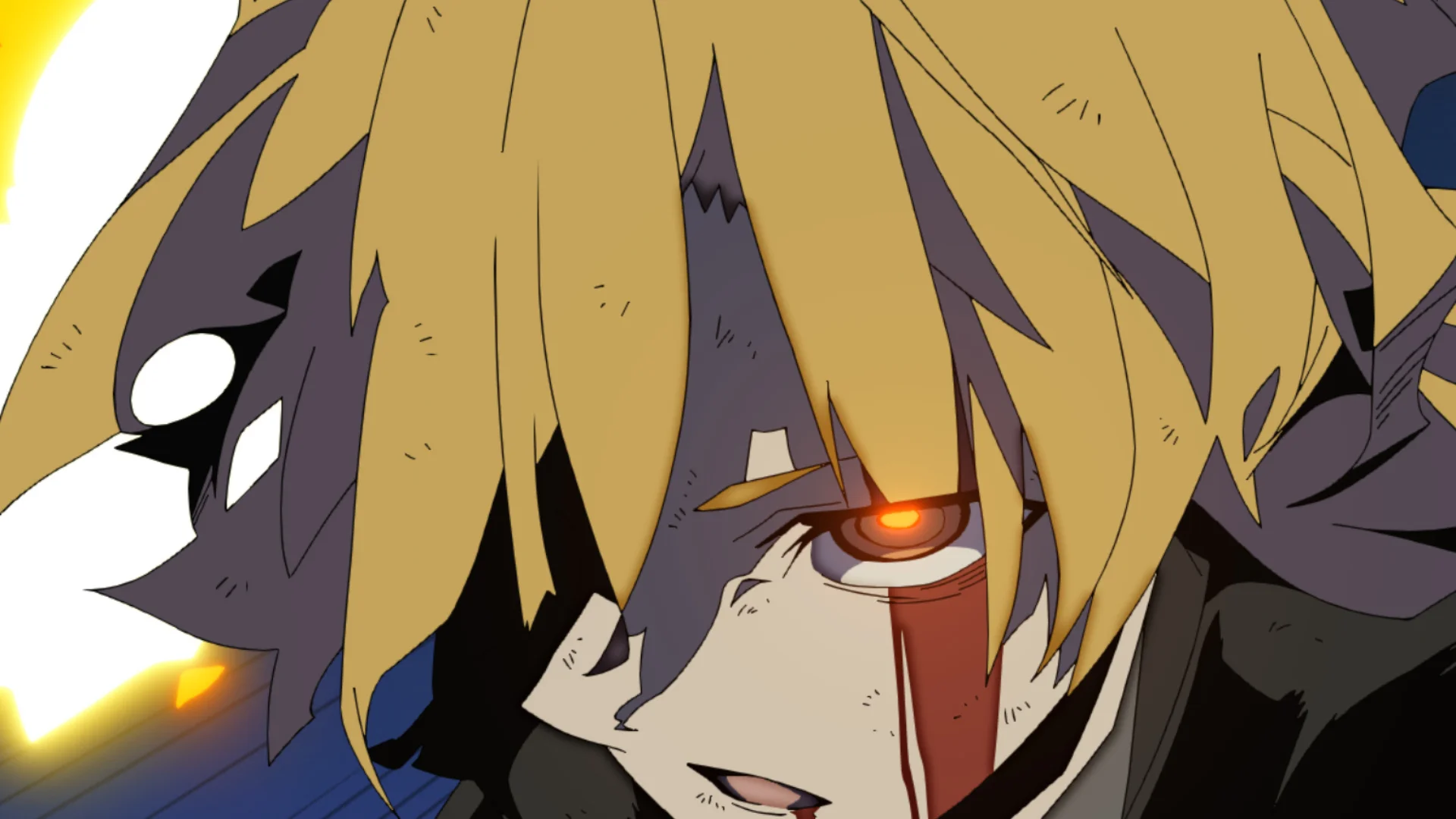 Nahaufnahme eines Anime-Charakters mit stacheligen gelben Haaren und glühenden orangefarbenen Augen