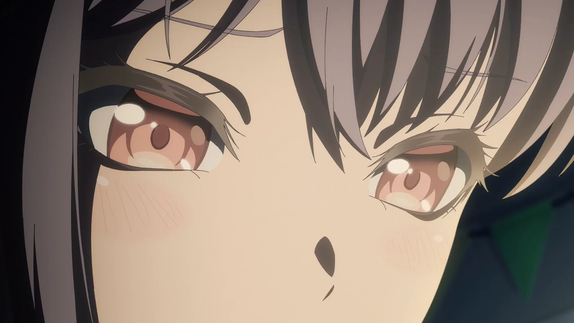 Close-up of an anime character with intense reddish-brown eyes.