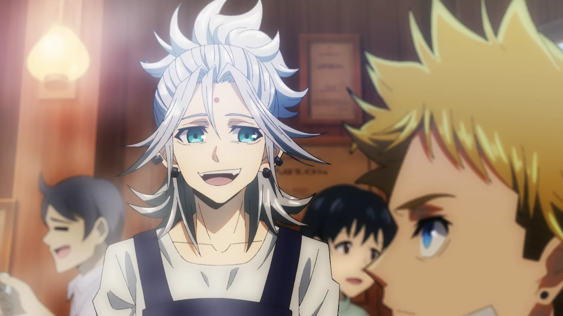 Characters in a restaurant setting from The Vermilion Mask