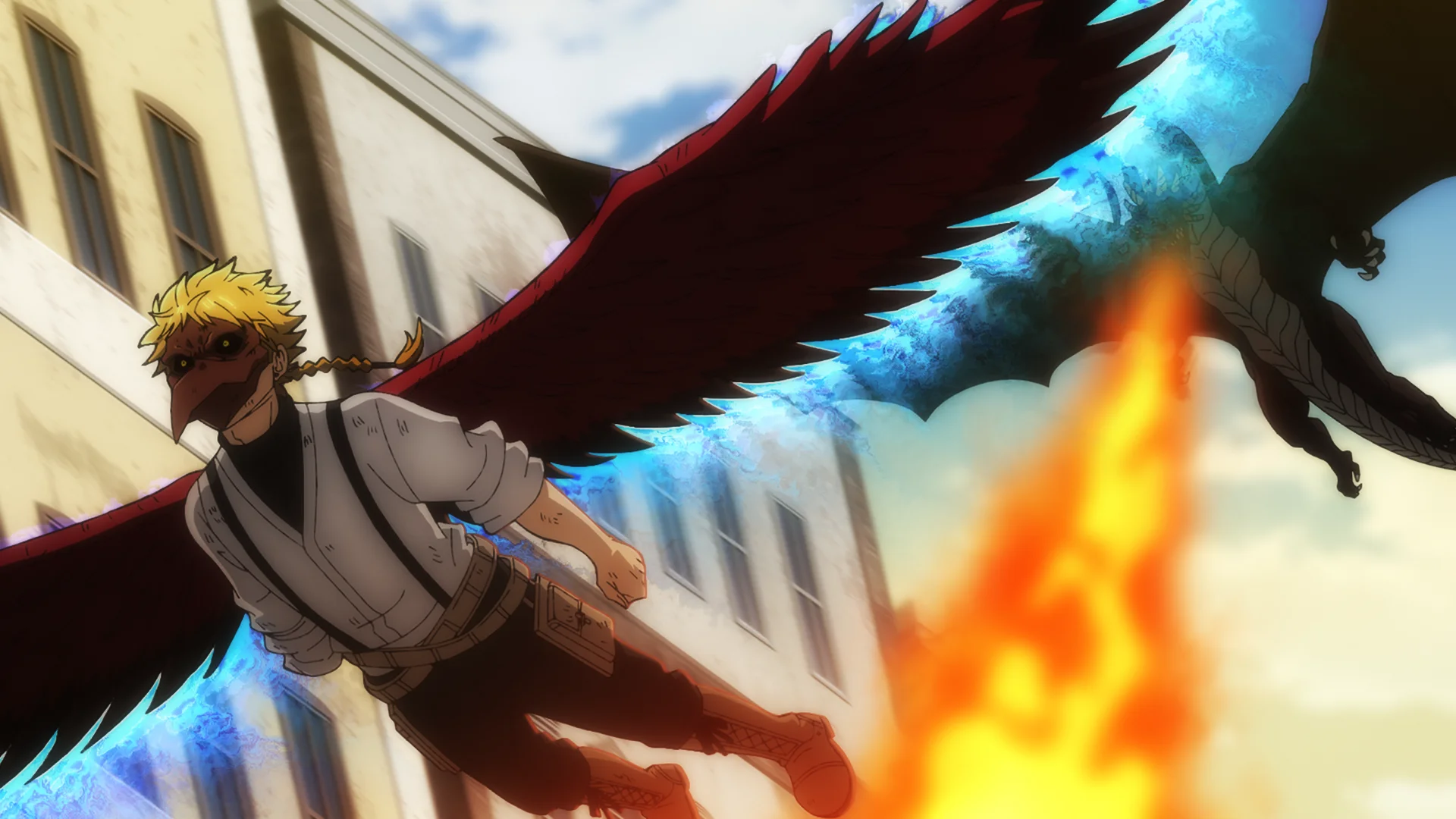 A masked character flying alongside a fiery bird