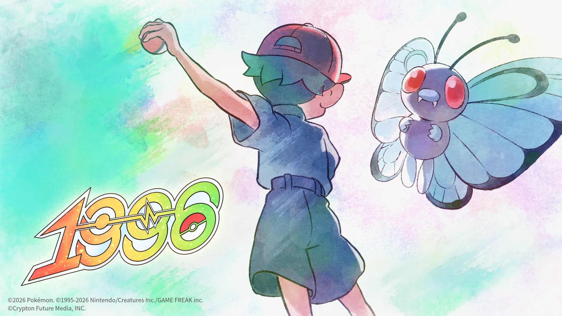 Illustration eines Charakters mit einer Kappe und einem Schmetterlings-Pokémon, mit 1996 in farbenfroher Schrift.