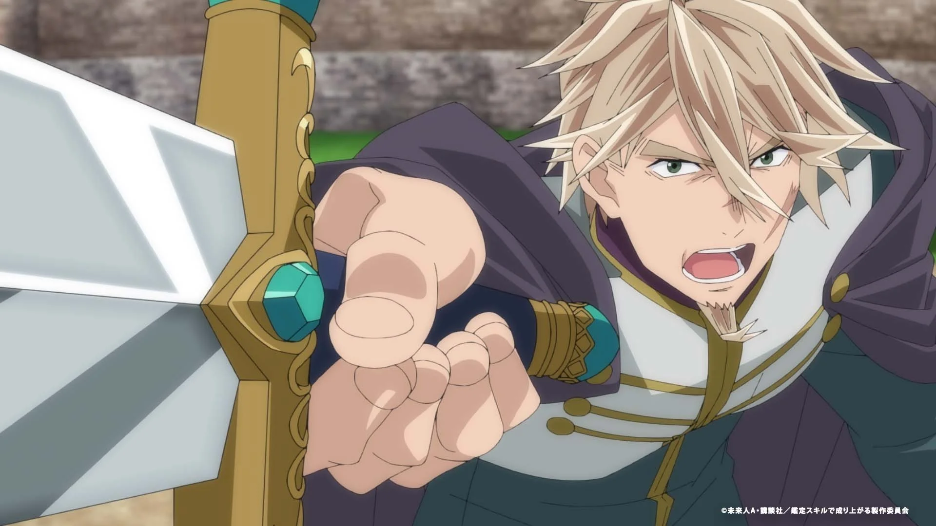 金髪のアニメキャラクターが剣を持ってアクションポーズをとっている