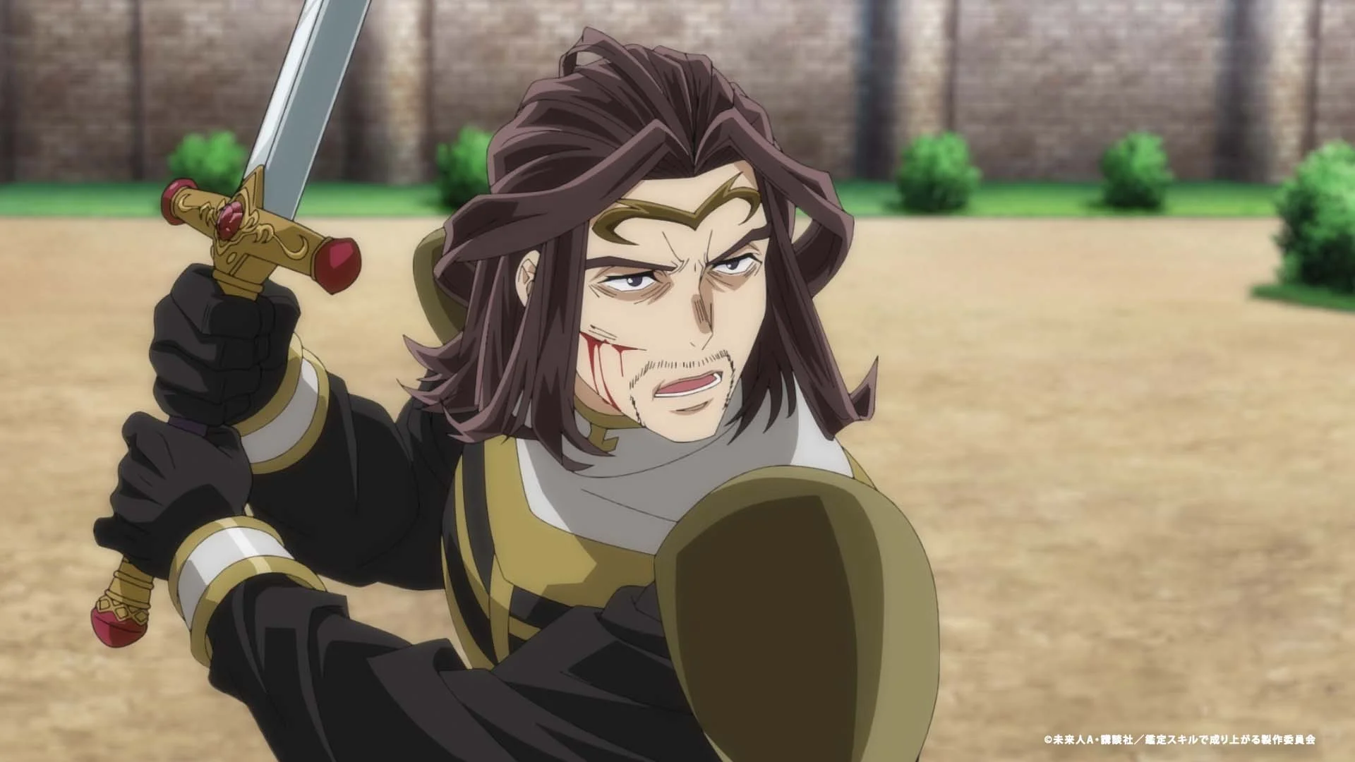 傷跡のある顔と長い髪を持つアニメキャラクターが中庭で剣を構えている