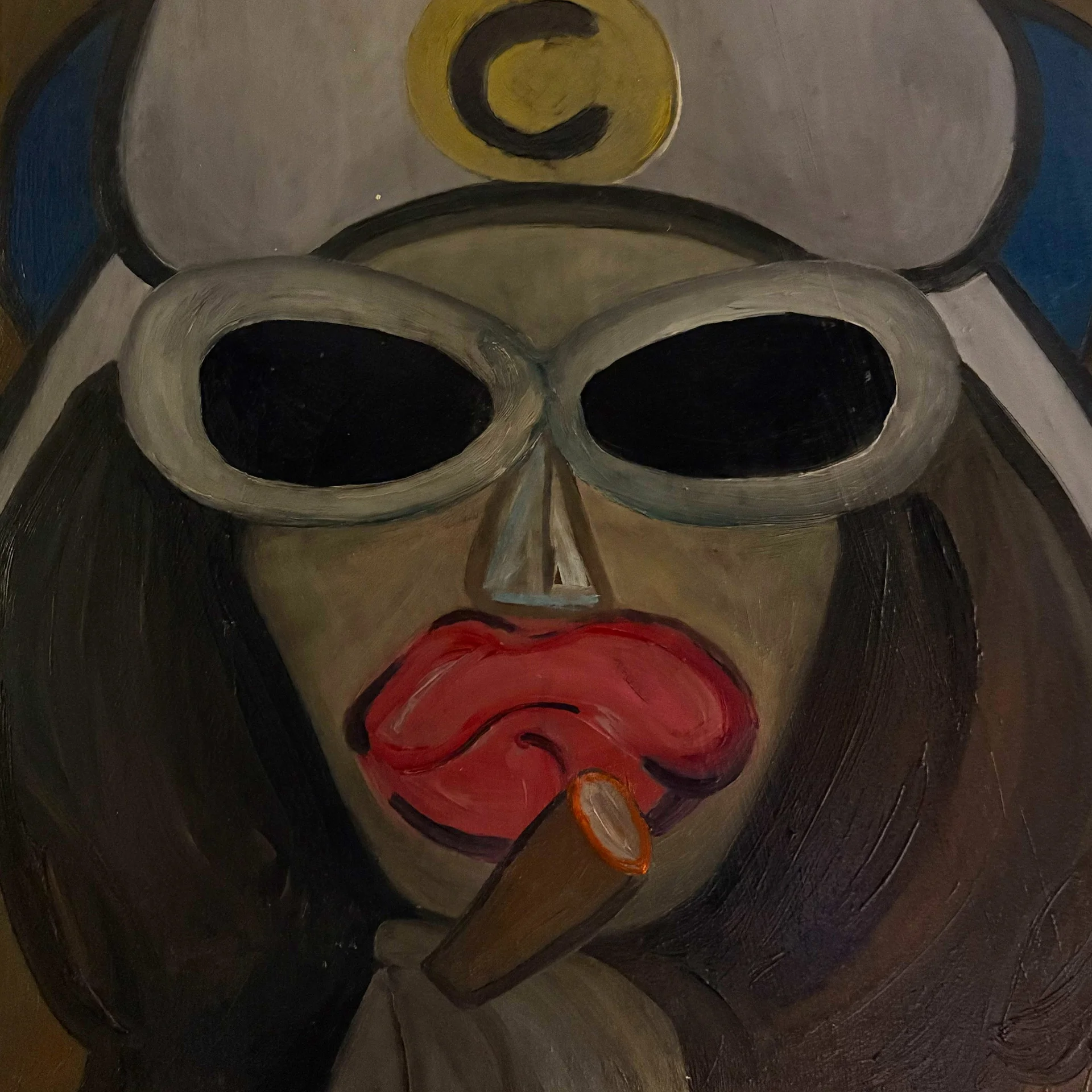 Abstract painting of a person with large sunglasses, red lips, and a cigar