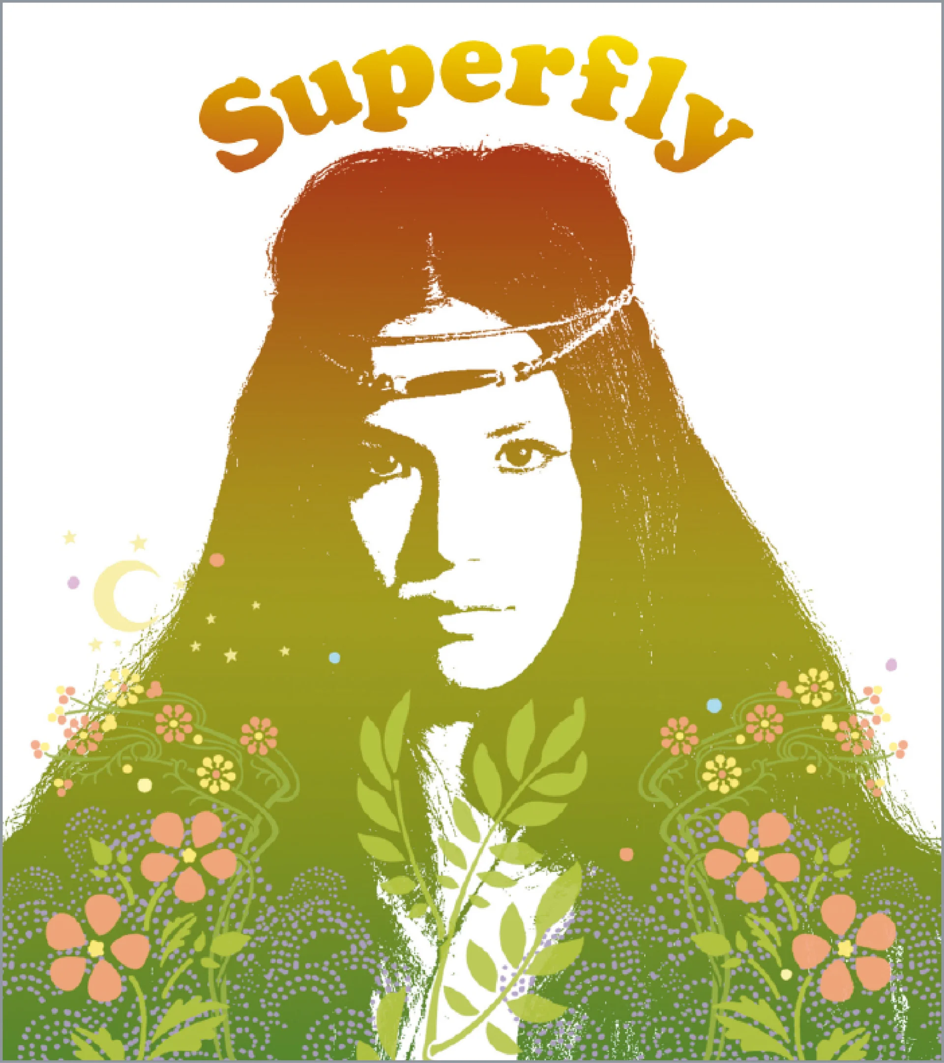 Superfly-Promotionsartwork mit floralen und kosmischen Elementen