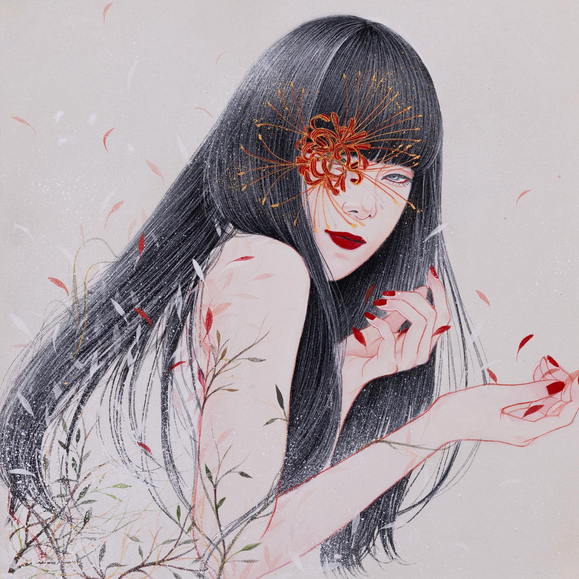 Illustration von Kokona mit einer roten Higanbana-Motiv im Gesicht.